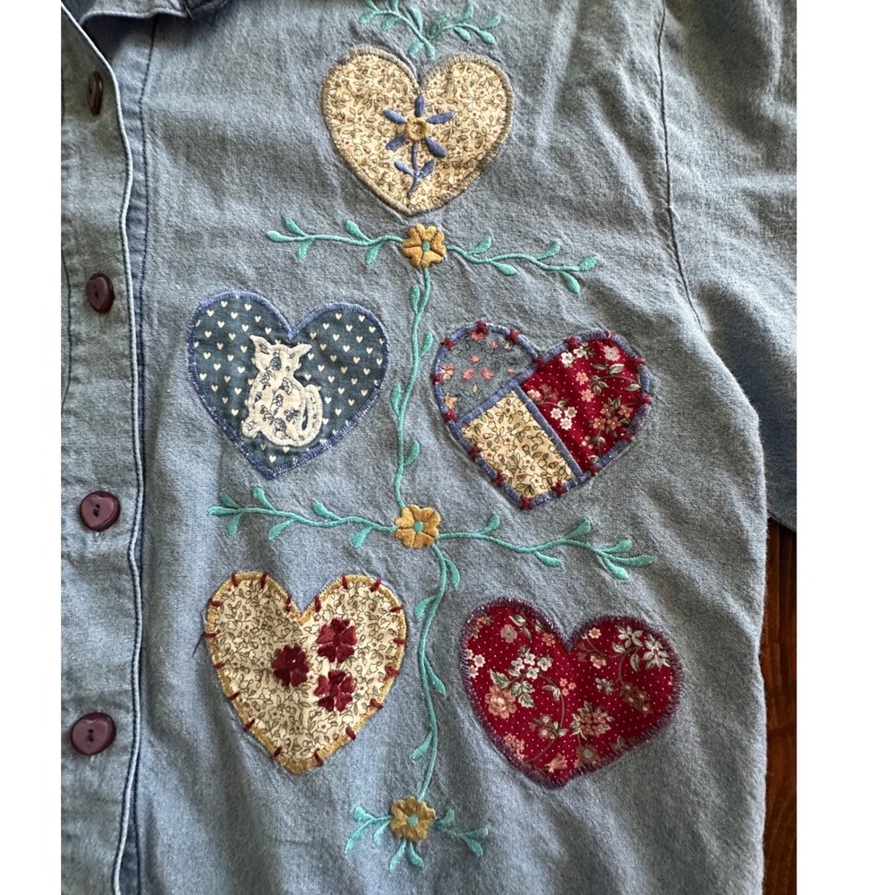 Teddi Vintage Heart Patchwork Chambray Denim Shirt Light Wash Cottagecore Small - Picture 3 of 8